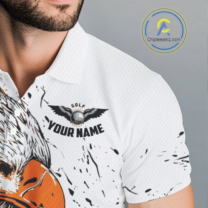 Custom Mens Golf Polo Shirt Orange & White Grunge Ripped Eagle Grasping Golf Ball Golf Apparel NHN0054
