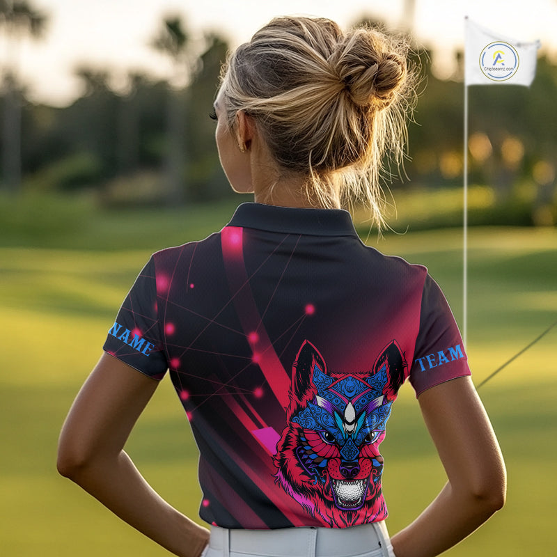 Funny Pink Wolf Golf Polo Shirt for Women Custom Golf Ball Team Jersey Womens Golf League Shirt Golf Gifts