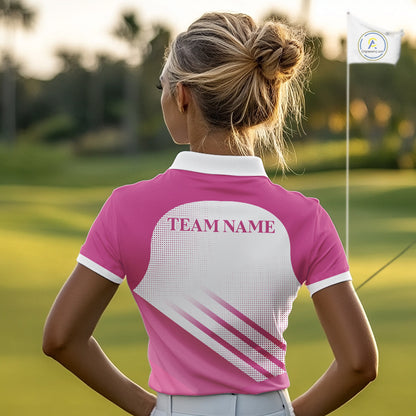 Womens Golf Polo Shirt Custom Pink And White Pattern With Golf Cart Golf Ball Shirts For Women NHN0059