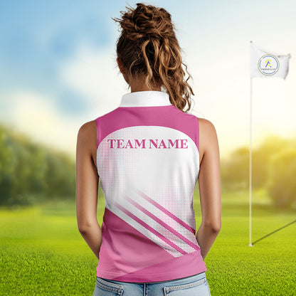 Womens Sleeveless Golf Polo Shirt Custom Pink And White Pattern Golf Cart & Golf Ball Design NHN0059