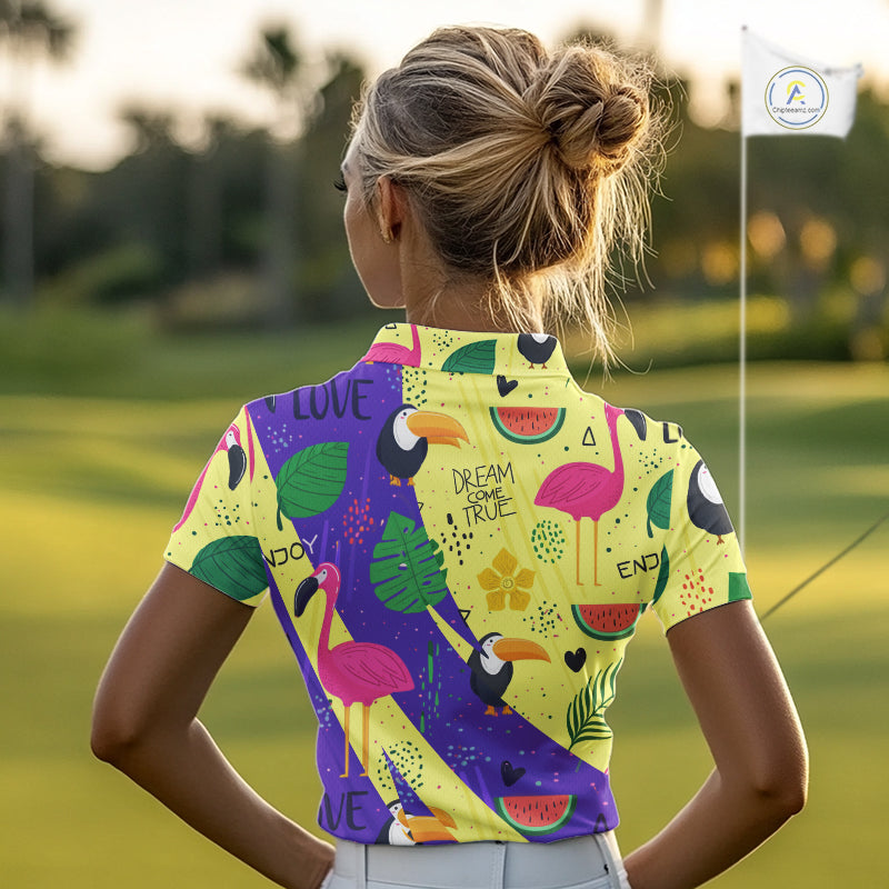 Funny Womens Golf Polo Shirt Custom Tropical Summer Pattern, Flamingo Golf Shirts For Ladies NHN0195