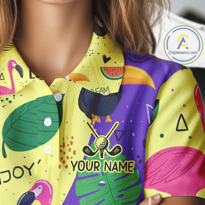 Funny Womens Golf Polo Shirt Custom Tropical Summer Pattern, Flamingo Golf Shirts For Ladies NHN0195