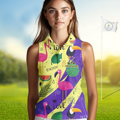 Funny Womens Sleeveless Golf Polo Shirt Custom Tropical Summer Pattern, Flamingo Golf Shirt For Ladies NHN0195