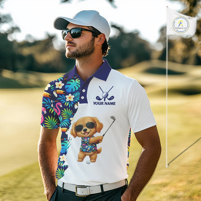 Funny Mens Golf Polo Shirts Custom Tropical Pattern, Golden Retriever Golf Shirt, Dog Lover Gift NHN0196