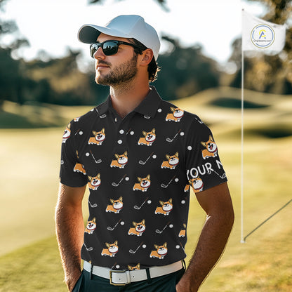 Black Mens Golf Polo Shirt Custom Cute Dogs Corgi Print Golf Shirts For Men, Dog Lover Gift NHN0069