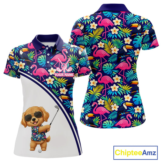 Funny Womens Golf Polo Shirt Custom Tropical Golden Retriever Ladies Golf Tops, Dog Lover Gift NHN0201