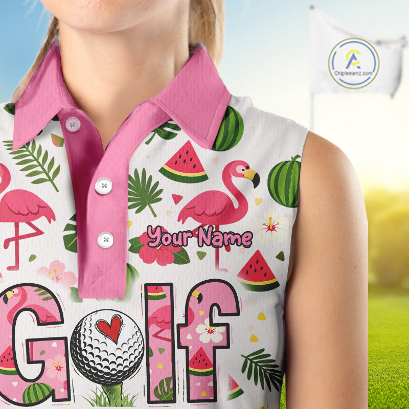 Pink Flamingo Tropical Womens Sleeveless Golf Polo Shirt Custom Funny Ladies Golf Tops, Golf Gift NHN0202