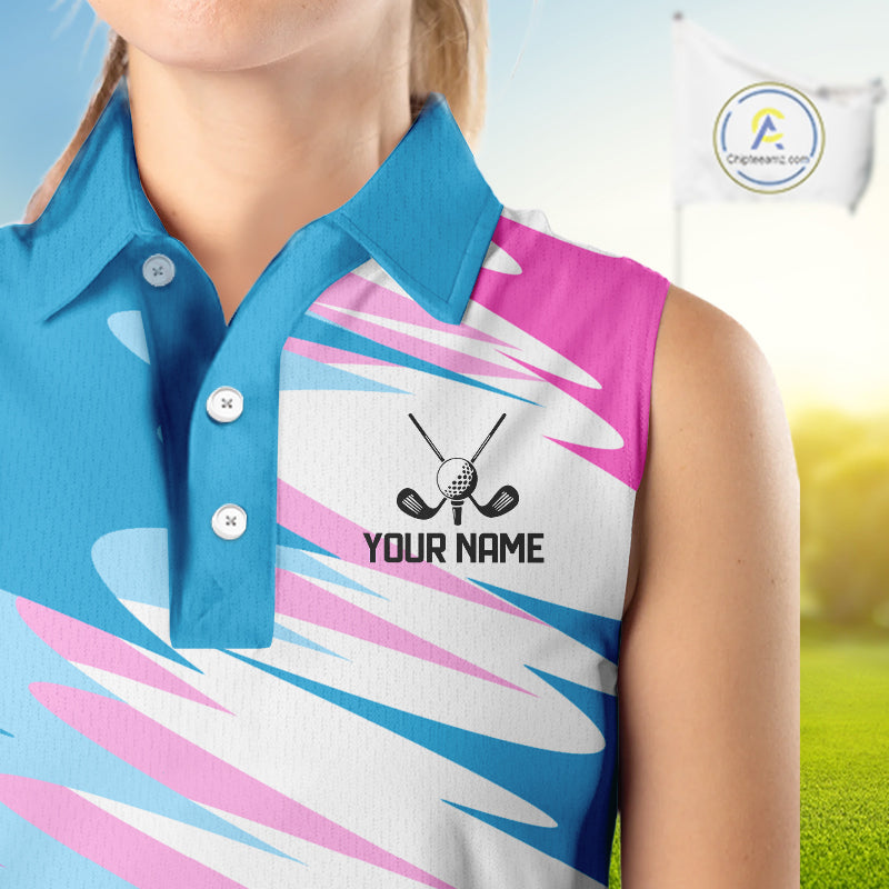 Womens Sleeveless Golf Polo Shirt Custom Blue And Pink Golf Shirt Personalized White Team Golf Shirts NHN0076