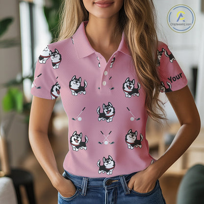 Womens Golf Polo Shirt Custom Funny Husky Pink Pattern Team Ladies Golf Tops, Dog Lover Gift NHN0065