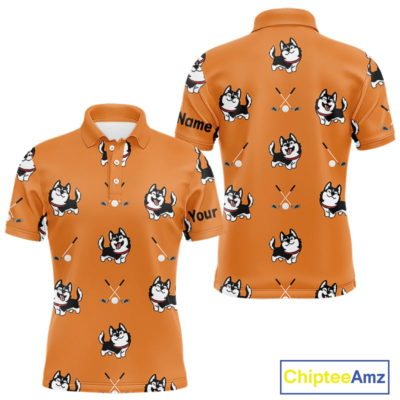 Men Golf Polo Shirt Custom Funny Husky Orange Pattern Team Golf Tops For Men, Dog Lover Gift NHN0065
