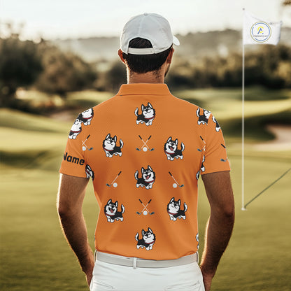Men Golf Polo Shirt Custom Funny Husky Orange Pattern Team Golf Tops For Men, Dog Lover Gift NHN0065