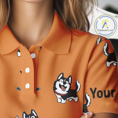 Womens Golf Polo Shirt Custom Funny Husky Orange Pattern Team Ladies Golf Tops, Dog Lover Gift NHN0065