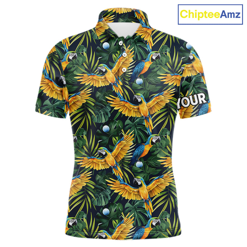 Mens Golf Polo Shirt Custom Colorful Parrots And Floral Tropical Pattern Team Golf Shirts, Golf Gift NHN0092