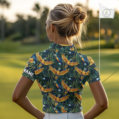 Womens Golf Polo Shirt Custom Colorful Parrots And Floral Tropical Pattern Team Golf Shirts, Golf Gift NHN0092