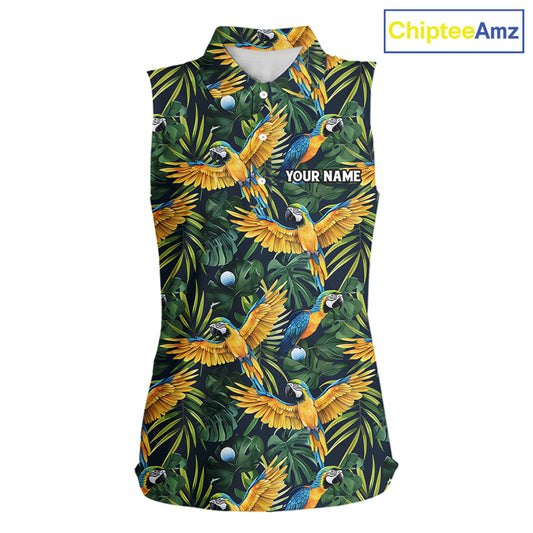 Womens Sleeveless Golf Polo Shirt Custom Colorful Parrots And Floral Tropical Pattern Team Golf Shirts NHN0092