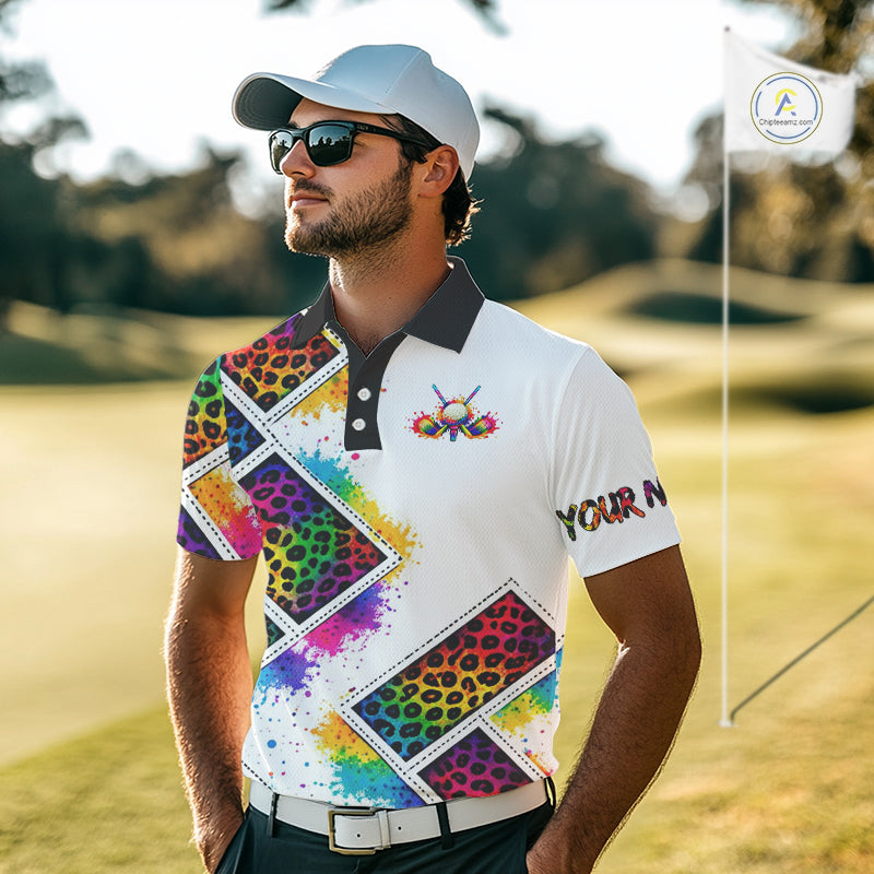 Mens Golf Polo Shirt Colorful Rainbow Leopard Print Pattern Custom Golf Ball Team Golf Tops, Golf Gift NHN0227