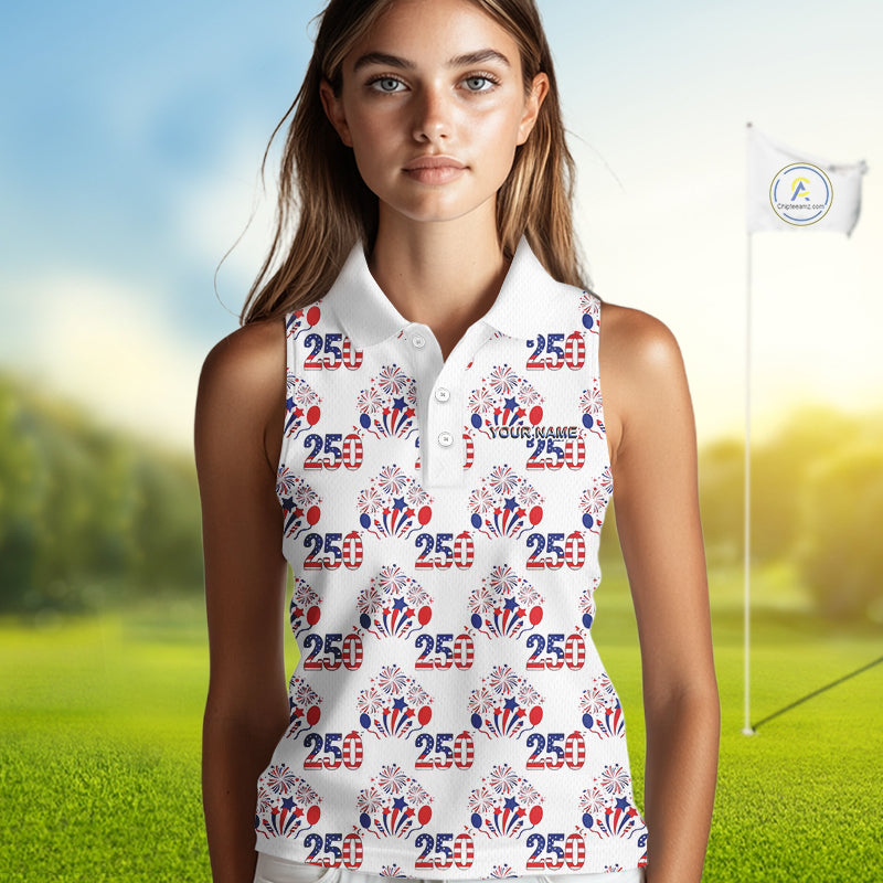 USA 250th Anniversary Womens Sleeveless Golf Polo Shirt Custom Golf Pattern Team Patriotic Golf Tops NHN0231