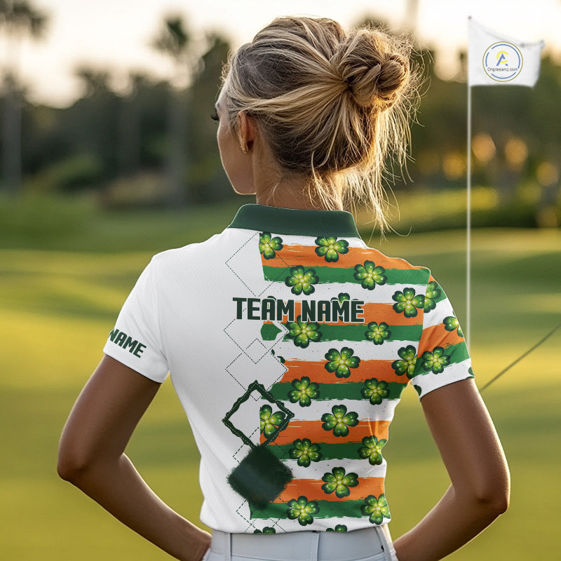 Womens Golf Polos Shirts Custom Green Clover St Patricks Day Pattern Ireland Flag Golf Top Shirt NHN0139