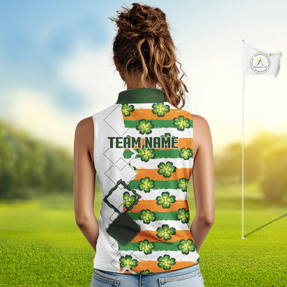 Womens Sleeveless Golf Polo Shirt Custom Green Clover St Patricks Day Pattern Ireland Flag Golf Top NHN0139