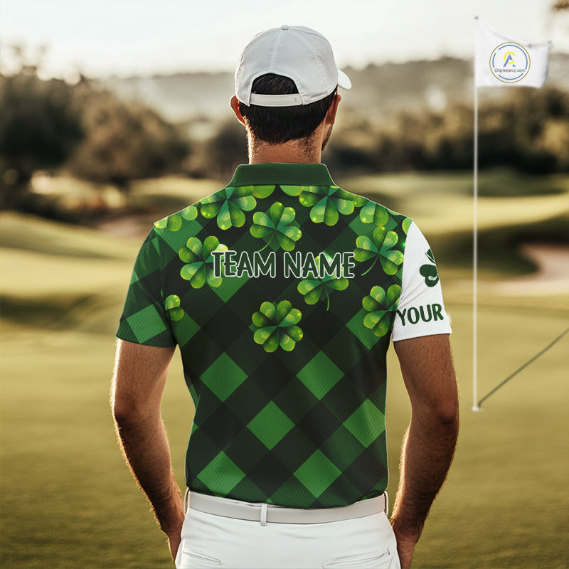 Mens Golf Polos Shirts Custom Green Clover St Patricks Day Plaid Pattern Golf Tops NHN0143