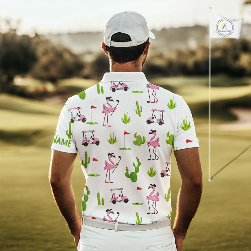 Flamingo Cactus Desert Pattern Mens Golf Polo Shirts Custom Cactus Golf Shirt Personalized NHN0150