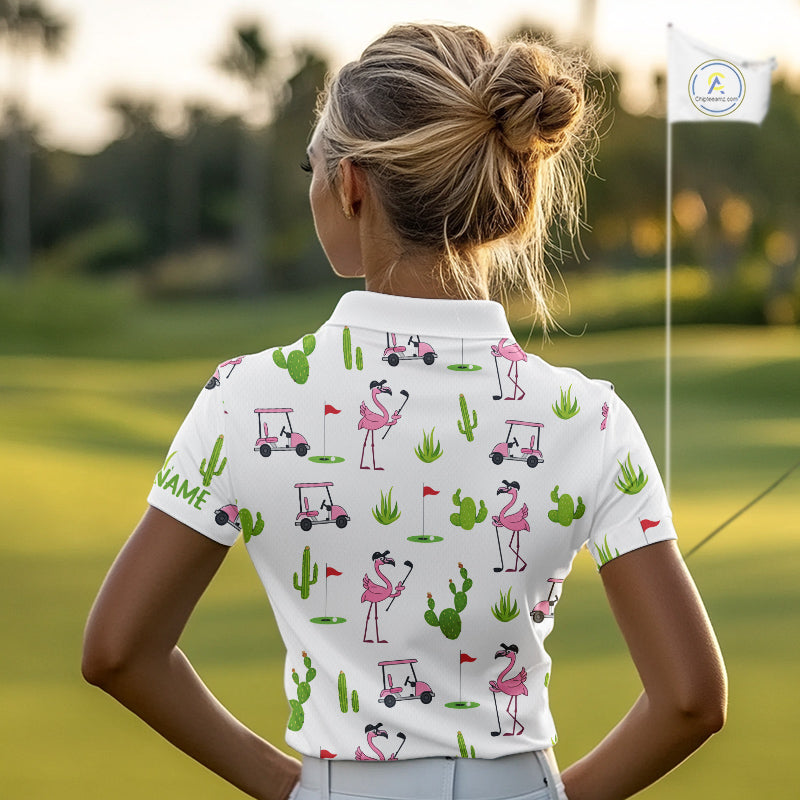 Flamingo Cactus Desert Pattern Womens Golf Polo Shirts Custom Ladies Cactus Golf Shirt Personalized NHN0150