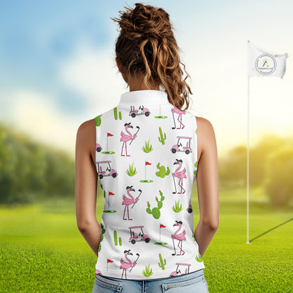 Flamingo Cactus Desert Pattern Womens Sleeveless Golf Polo Shirt Custom Cactus Golf Shirt NHN0150