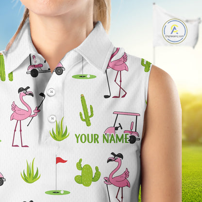 Flamingo Cactus Desert Pattern Womens Sleeveless Golf Polo Shirt Custom Cactus Golf Shirt NHN0150