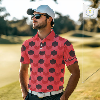 Plaid Mens Golf Polo Shirt Custom Abstract Red Hexagon Pattern Golf Shirts For Men NHN0156