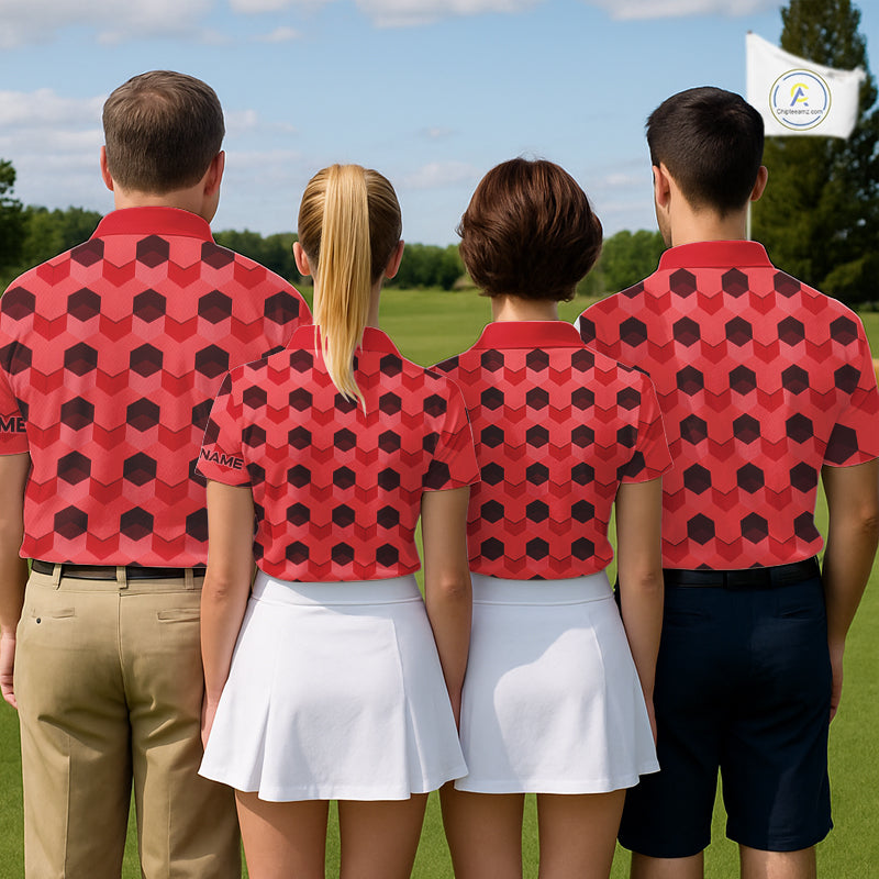 Plaid Mens Golf Polo Shirt Custom Abstract Red Hexagon Pattern Golf Shirts For Men NHN0156