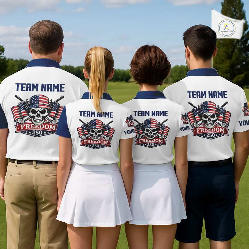 Womens Golf Polo Shirt Custom 250th Anniversary American Flag Skull Golf Shirts, Patriotic Gift NHN0143
