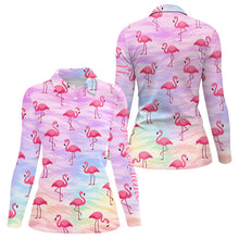 Load image into Gallery viewer, Violet Womens Long Sleeve Golf Polo Shirts Custom Funny Flamingo Heart Pattern Team Ladies Golf Tops NHN0174