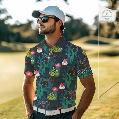 Funny Desert Cactus Pattern Mens Golf Polo Shirts Custom Cactus Golf Shirt For Men, Golfer Gift NHN0186