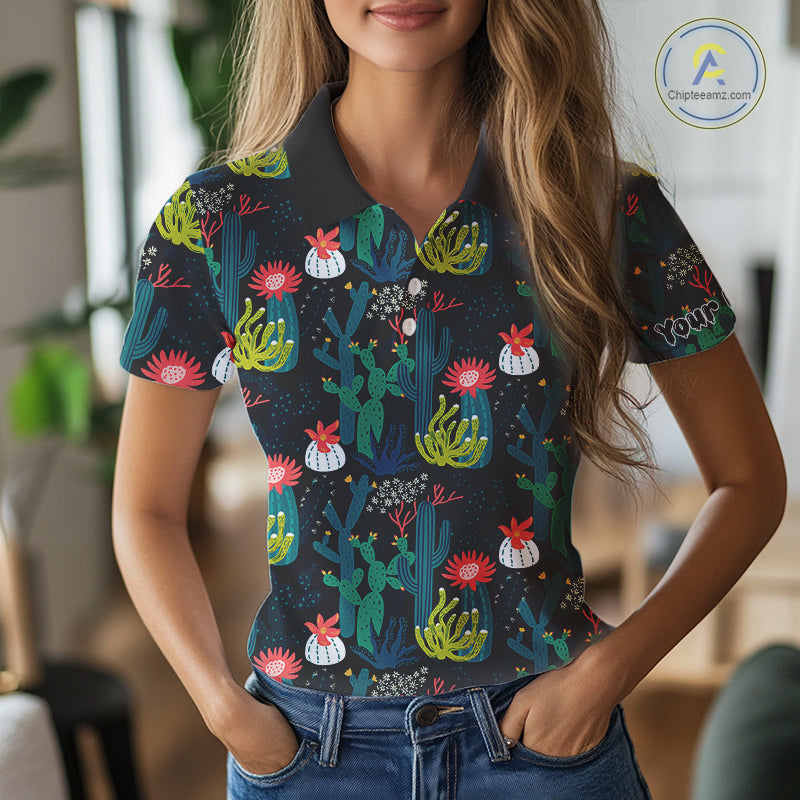 Funny Desert Cactus Pattern Womens Golf Polo Shirts Custom Cactus Golf Shirt For Ladies, Golfer Gift NHN0186