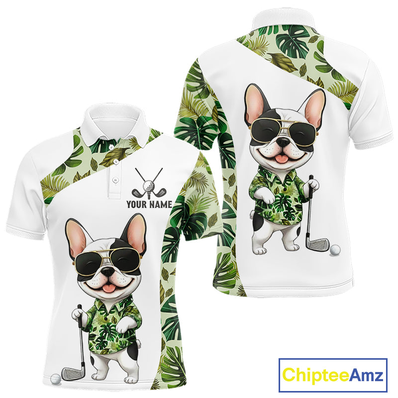 Green Tropical Pattern Mens Golf Polo Shirts Custom Cute Bulldog Golf Tops, White Golf Outfit For Men NHN0067