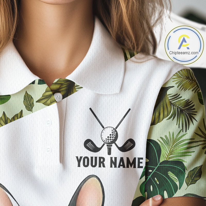 Green Tropical Pattern Womens Golf Polo Shirts Custom Cute Bulldog Golf Tops, White Ladies Golf Outfit NHN0067