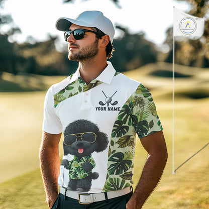 Funny Mens Golf Polo Shirt Custom Tropical Leaf Pattern Personalized Poodle Dog Golf Shirts For Men NHN0067