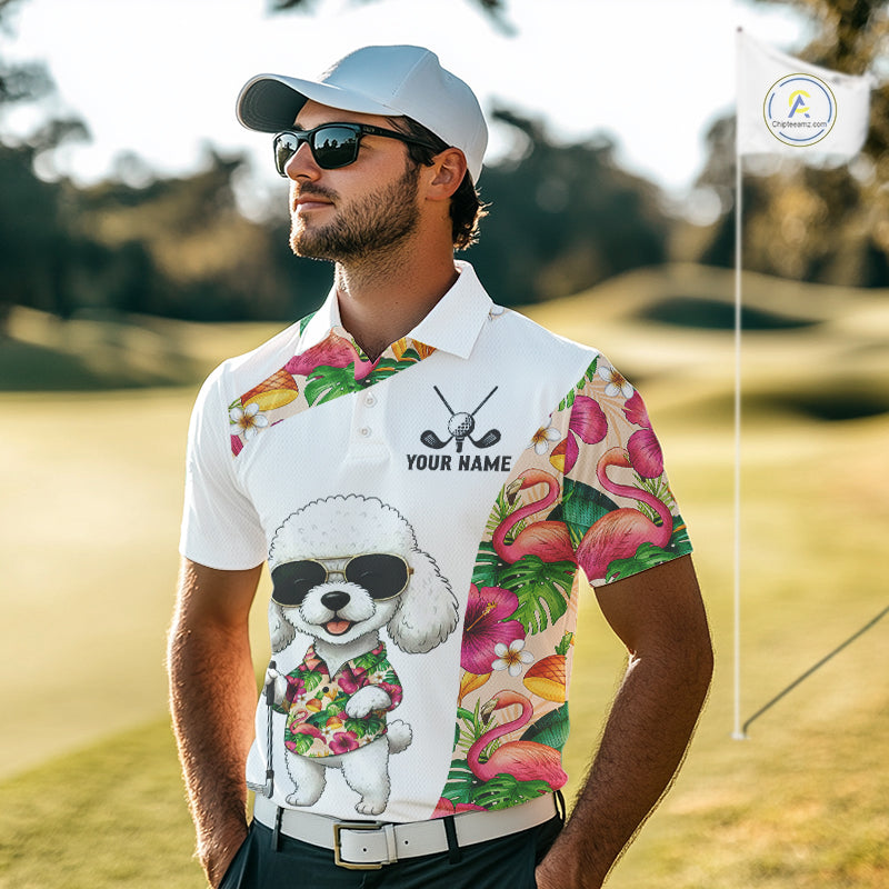Funny Mens Golf Polo Shirt Custom Tropical Flamingo Pink Pattern, White Poodle Golf Outfit For Men NHN0067