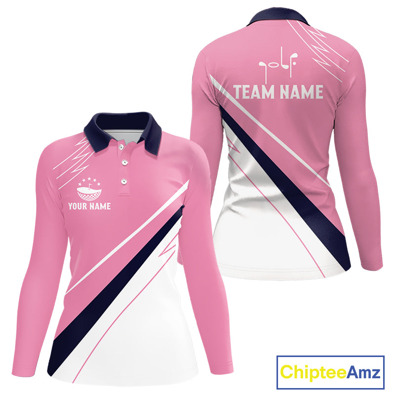 Womens Long Sleeve Golf Shirts Custom Blue And Pink Golf Shirt Personalized White Team Golf Shirts NHN0075