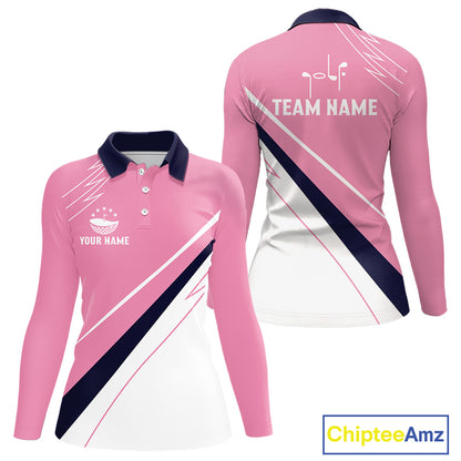 Womens Long Sleeve Golf Shirts Custom Blue And Pink Golf Shirt Personalized White Team Golf Shirts NHN0075