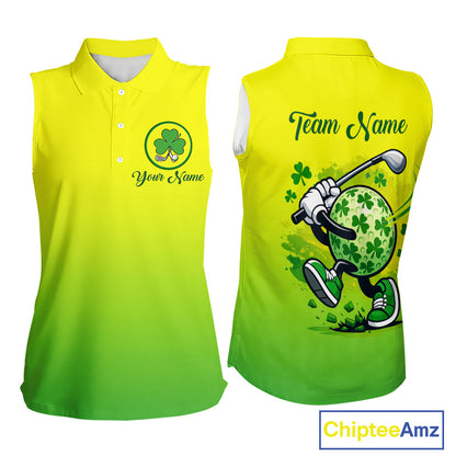 Neon Green Womens Sleeveless Golf Polo Shirt Custom Name Green Clover St Patrick Day Golf Shirts, Golfer Gift NHN0206
