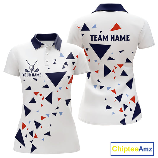 Womens Golf Polo Shirt Custom Orange And Blue Triangle Pattern Team Golf Tops, White Golf Attire NHN0086