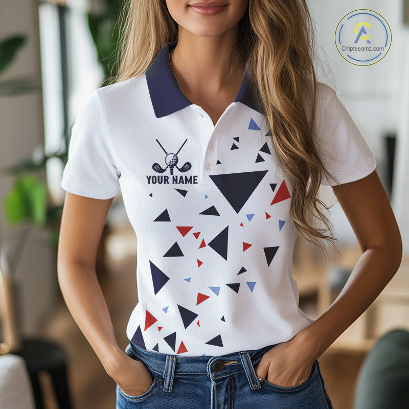Womens Golf Polo Shirt Custom Orange And Blue Triangle Pattern Team Golf Tops, White Golf Attire NHN0086