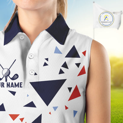 Womens Sleeveless Golf Polo Shirt Custom Orange & Blue Triangle Pattern Team Golf Tops, White Golf Attire NHN0086
