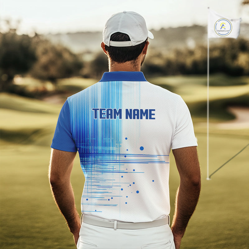 Mens Golf Polo Shirt Custom Blue Pattern Team Golf Tops, White Golf Golf Outfit For Men NHN0087