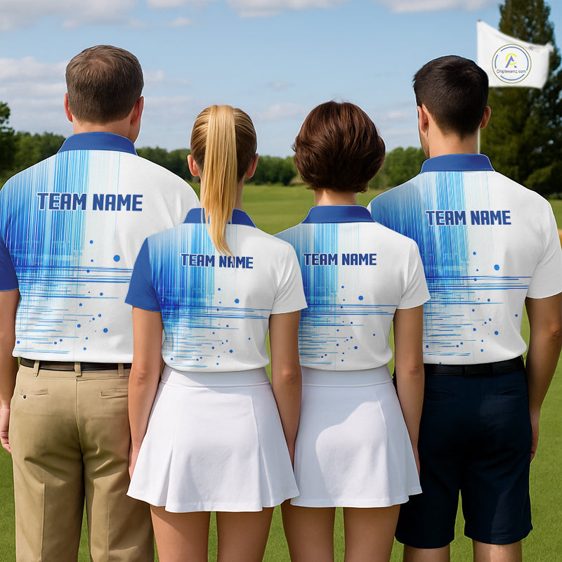 Womens Golf Polo Shirt Custom Blue Pattern Team Golf Tops, White Golf Golf Outfit For Women NHN0087