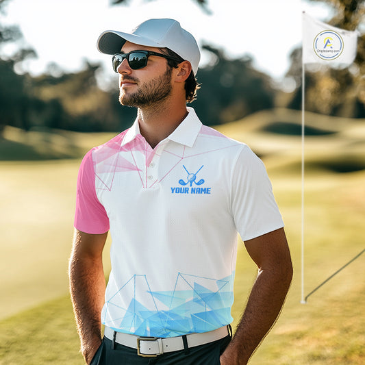 Blue And Pink Polygonal Pattern Mens Golf Polo Shirts Custom White Golf Clubs Golf Shirt For Men NHN0098