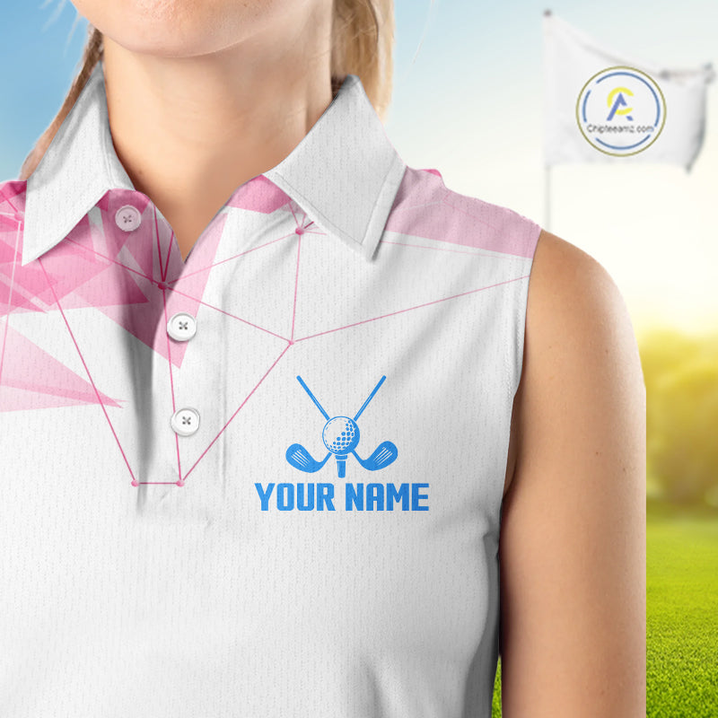 Womens Sleeveless Golf Polo Shirt Blue And Pink Polygonal Pattern Custom White Golf Clubs Golf Shirts NHN0098