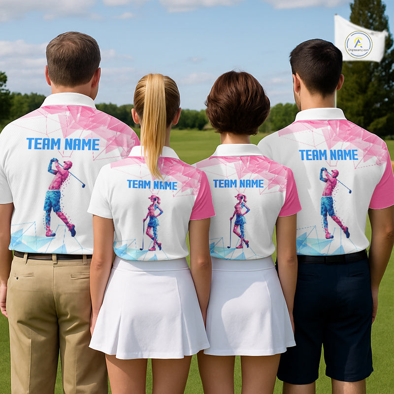 Womens Golf Polo Shirts Blue And Pink Polygonal Pattern Custom Name White Golf Shirts For Ladies NHN0098