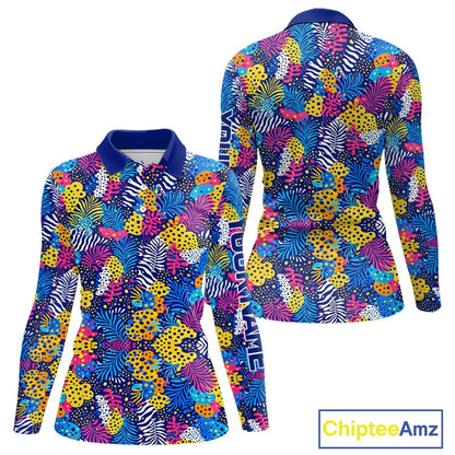 Colorful Paisley Pattern Womens Long Sleeve Golf Polo Shirt Custom Tropical Golf Attire For Ladies NHN0147
